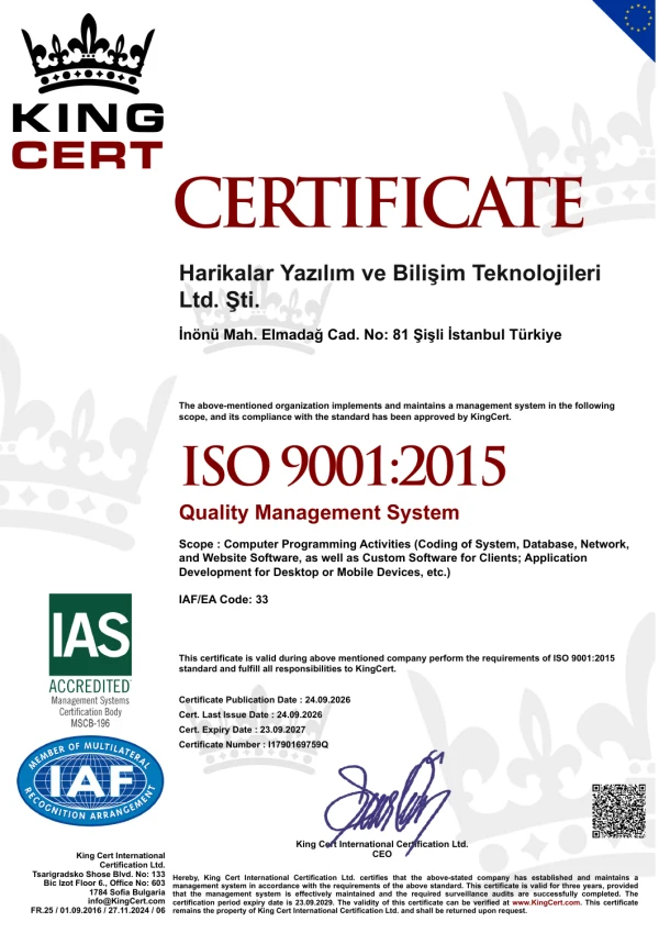 ISO 9001:2015 quality management system certificate for Harikalar Yazılım ve Bilişim Teknolojileri Ltd. Şti.