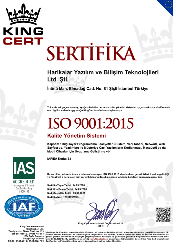 Harikalar Yazılım ve Bilişim Teknolojileri Ltd. Şti. ISO 9001:2015 kalite yönetim sistemi sertifikası