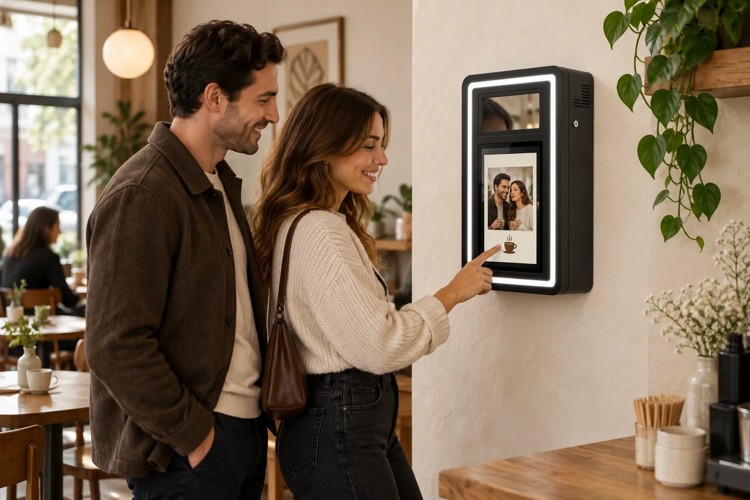Kafede duvara monte AK Smart Booth üzerinden markalı hatıra fotoğrafını seçen ziyaretçiler.