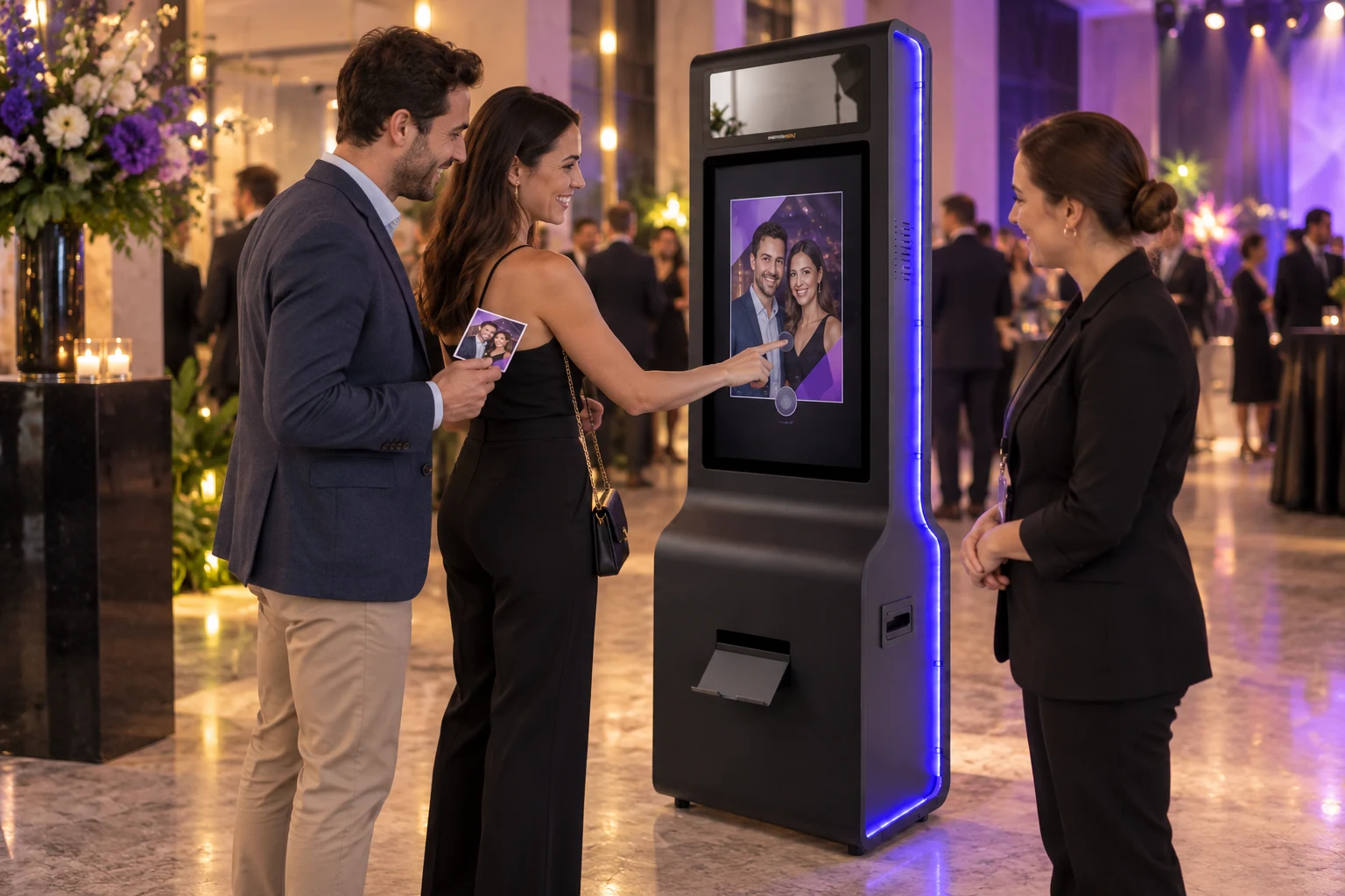 Bir marka etkinliğinde AK Photo Booth Pro ile hatıra fotoğrafı çektiren katılımcılar.