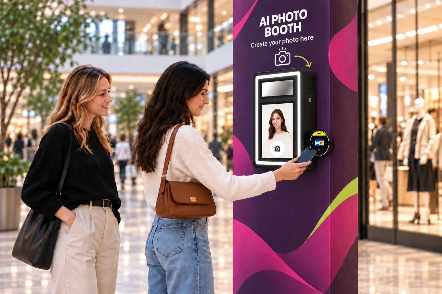 A shopper tapping a phone on the payment reader beside a lowered Smart Booth on an AI Photo Booth-branded mall wall.