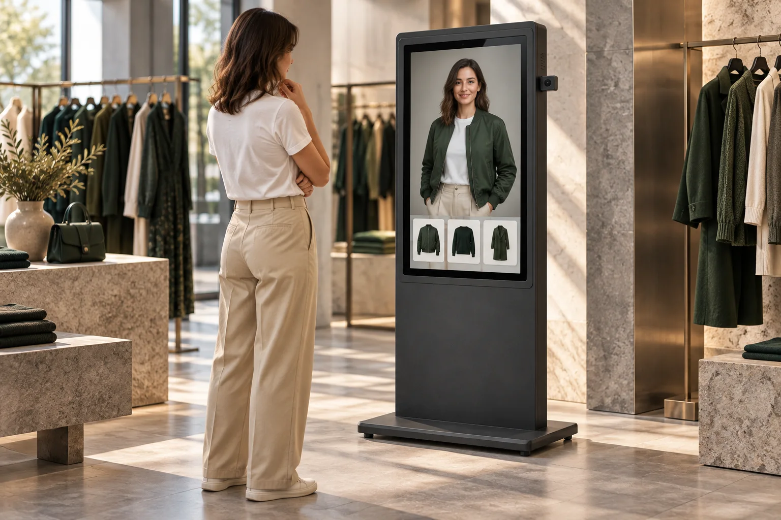 Bir mağazada AK Totem Kiosk ekranında yeşil ceketli stil görselleştirmesini inceleyen ziyaretçi; özel entegrasyon konsepti.