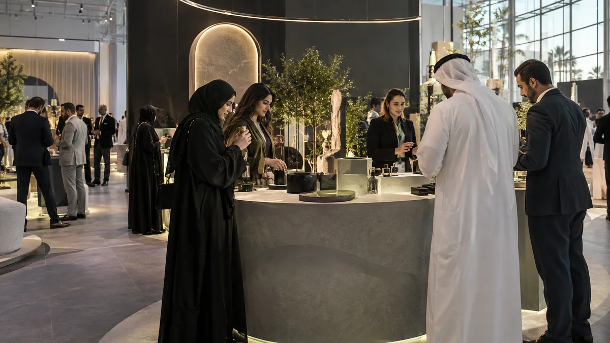 Illustrative brand activation with visitors exploring a contemporary pop-up experience