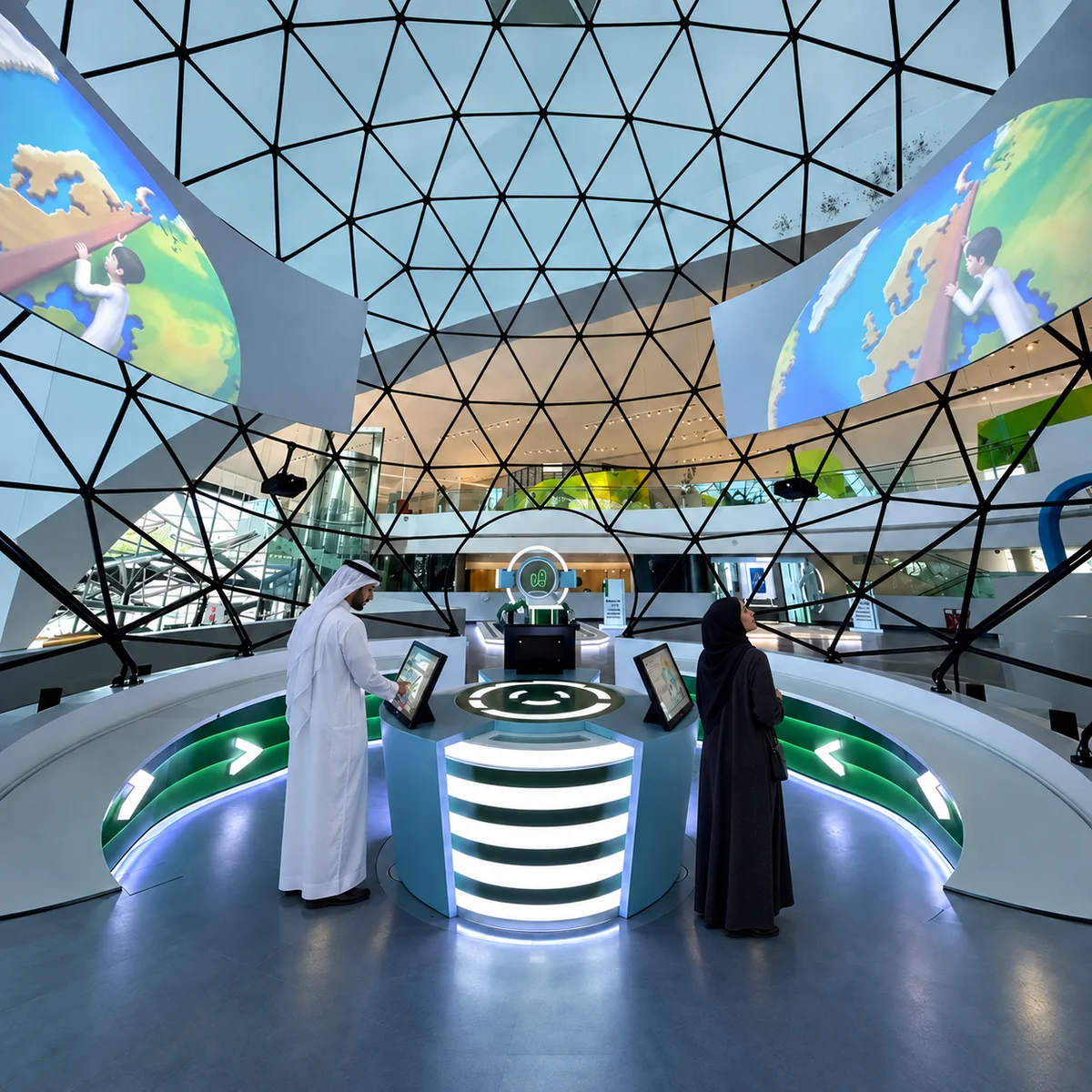 AI-enhanced view of the Kahramaa Carbon Footprint Area with illustrative visitors, based on Harikalar’s project photographs in Doha