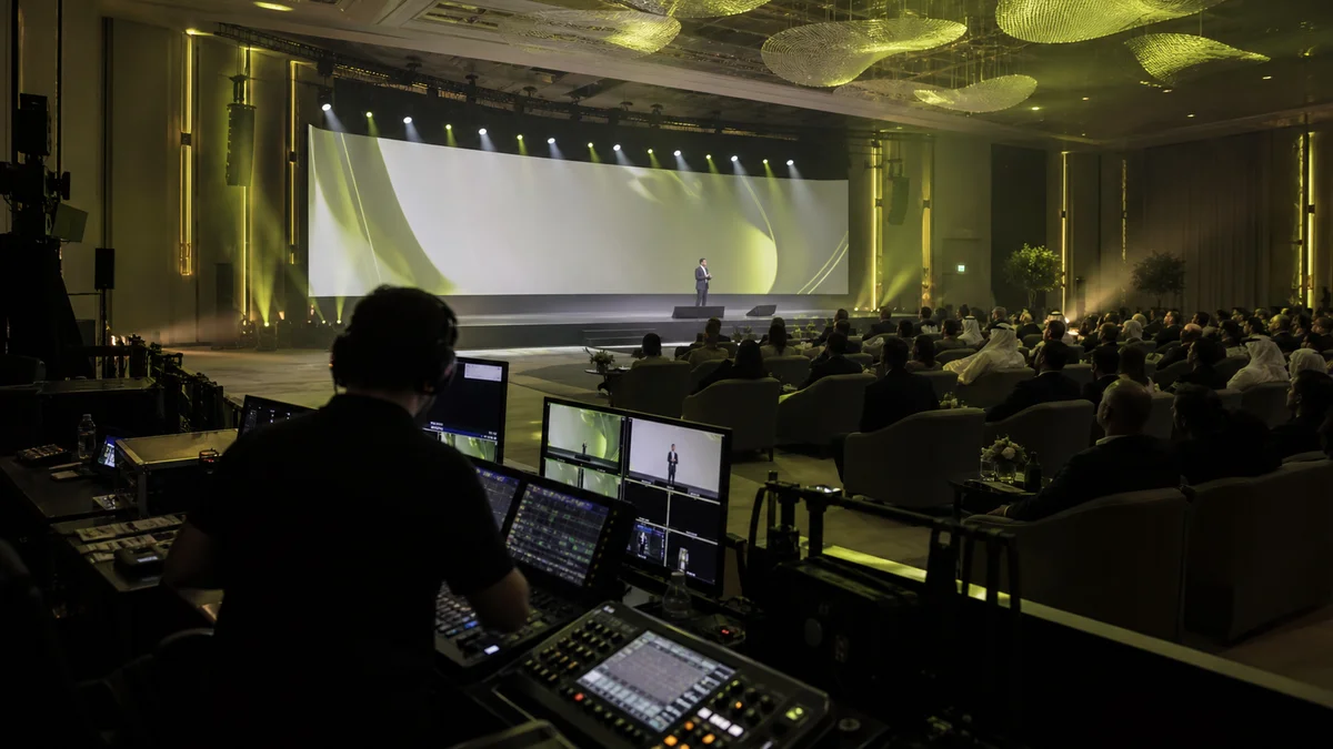 Illustrative corporate event with a production console, stage lighting and audience